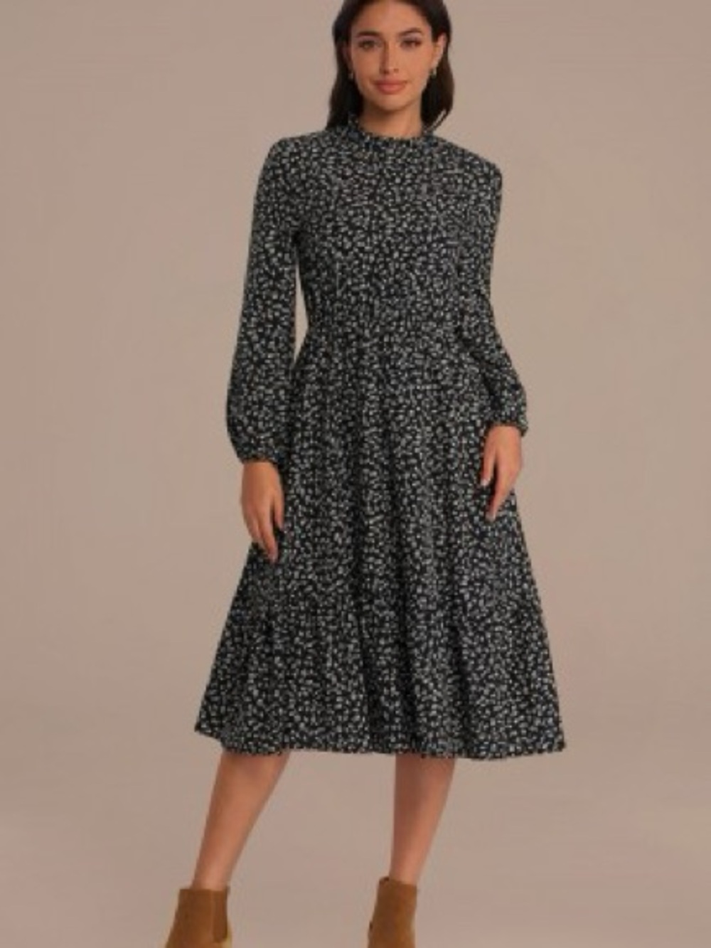 Long-Sleeve Black Floral Midi Dress with High Neck